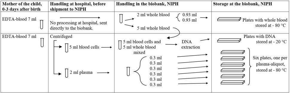 Figure 4. Flow chart of the process from MoBa sample collection to storage of the different specimen at the biobank. This chart shows the process for samples collected from the mothers taken 0 – 3 days after birth 