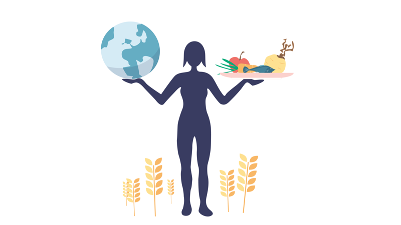Menneske som holder en jordklode med symboler for ulike matkategorier