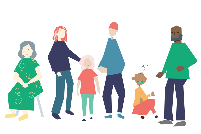 illustrasjon av barn, småbarn, voksne, familie, eldre i befolkningen