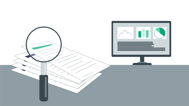 forstørrelsesglass, papir og pc