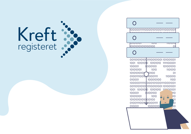 illustrasjon med kreftregisterets logo ved siden av en mann som sitter bak en pc og registrerer tall
