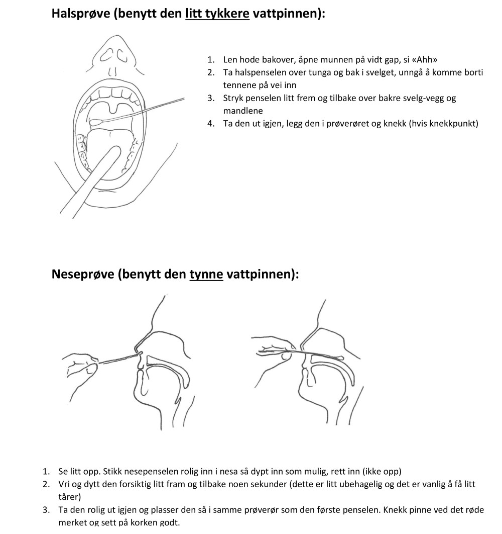 Illustrasjon og fremgangsmåte, halsprøve og neseprøve