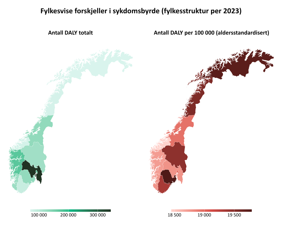 Figur over  Sykdomsbyrde etter fylke målt som totalt antall DALY