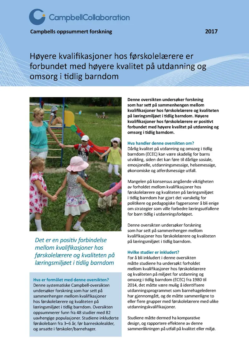 Førsteside Høyere kvalifikasjoner hos førskolelærere er forbundet med høyere kvalitet på utdanning og omsorg i tidlig barndom.jpg