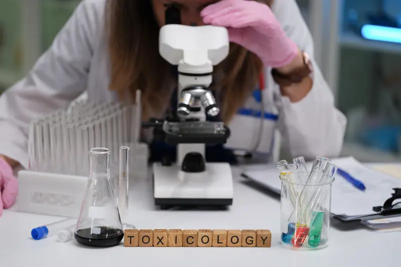 Laboratorium med erlenmeyerkolbe, et glass med minst 5 reagensrør med væske i ulike farger og treklosser med bokstaver som staver ut "Toxicology". I bakgrunnen sitter en kvinne med hvit frakk og hansker, og ser inn i et mikroskop.