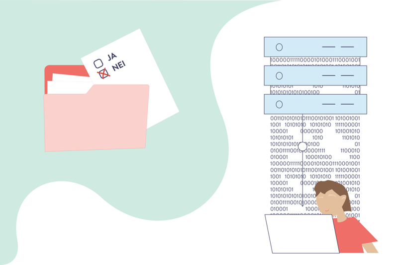 dokumentmappe med flere ark inni, der det ene arket har en avkrysning for nei