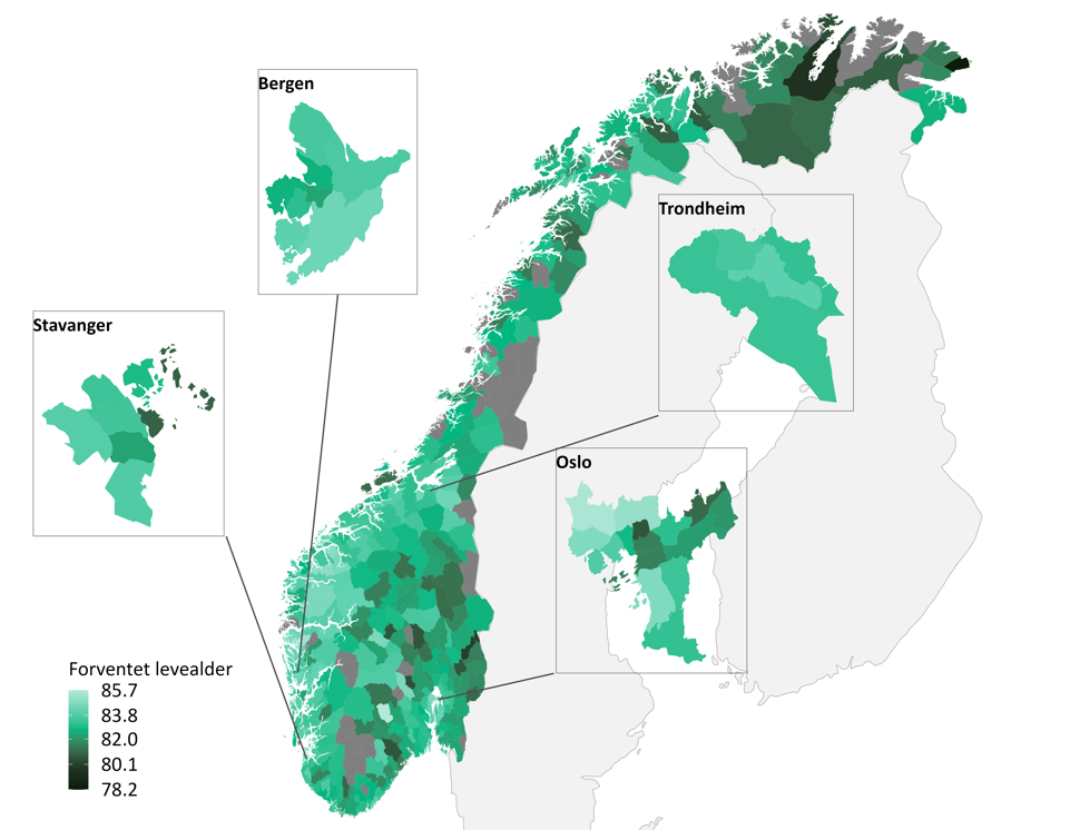 Forventet levealder etter kommuner, kartillustrasjon