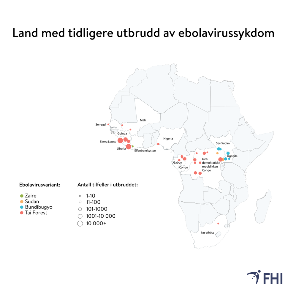 kart over land i afrika med tidligere utbrudd av ebolavirussykdom.