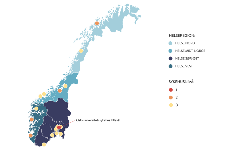 illustrasjon av kart som viser sykehus på nivå 1-3 i de ulike helseregionene