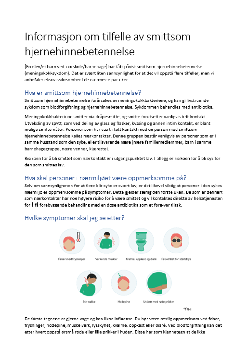 Brevmal for skoler og barnehager ved tilfelle av smittsom hjernehinnebetennelse
