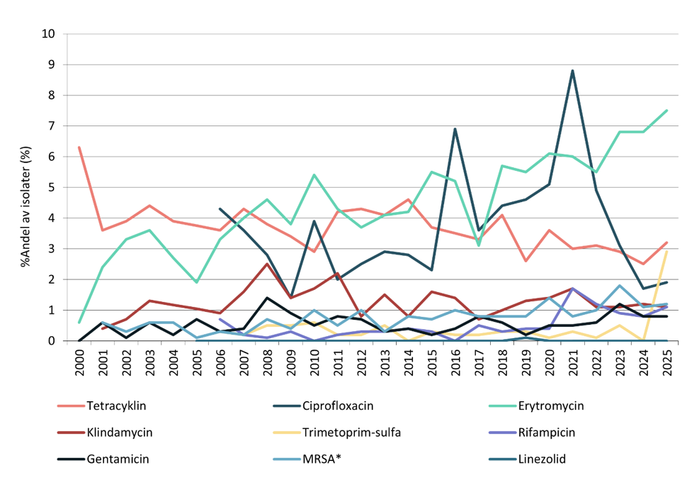 Andel av Staphylococcus aureus i blod med resistens mot ulike antibiotika 2000-2024, *MRSA=Meticillinresistent S. aureus