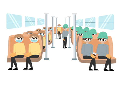illustrasjone av folk på buss der halvparten har på munnbind og halvparten ikke