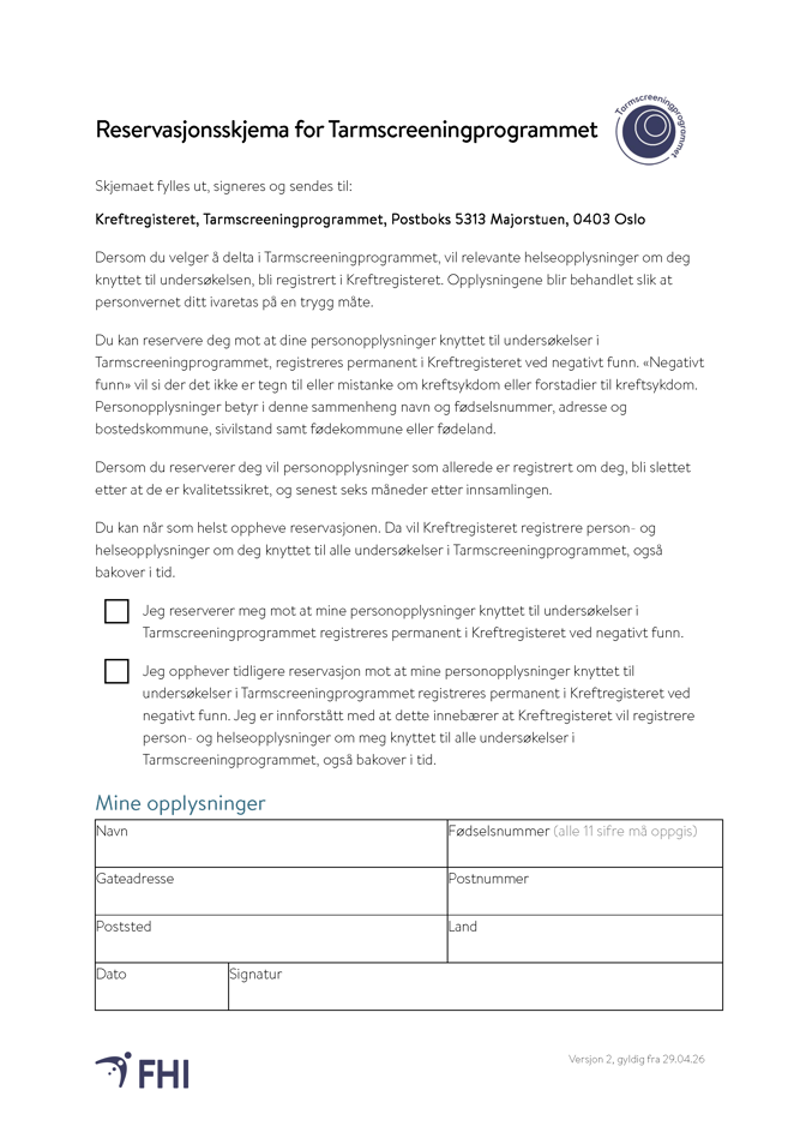 Skjermdump av reservasjonsskjemaet til Tarmscreeningprogrammet