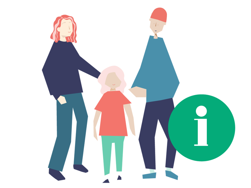 En mor og en far med et barn i midten. Ved siden av et informasjonsskilt