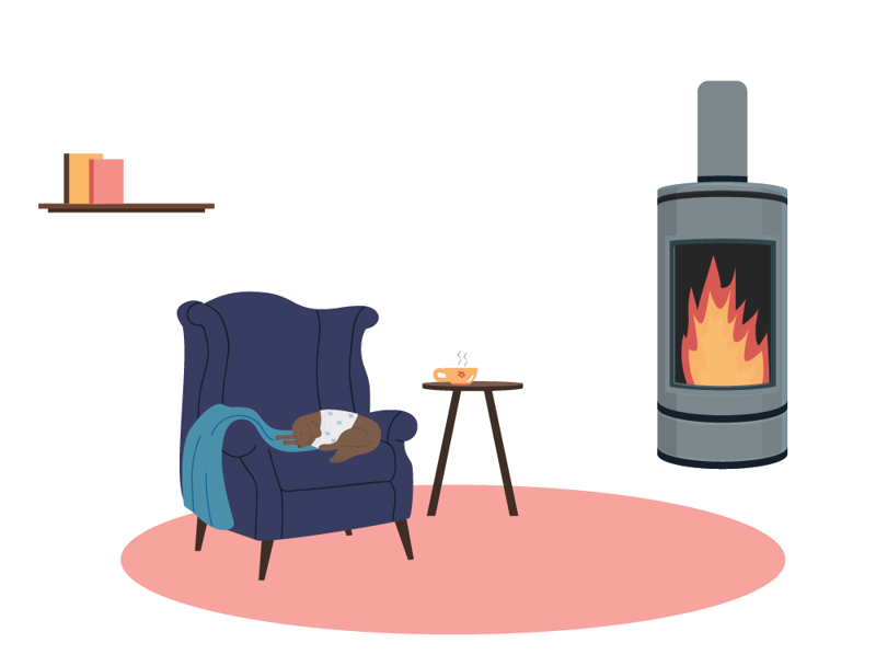 koselig stemning med fyr i peisen inne i en stue med en hund som ligger i en ørelappstol