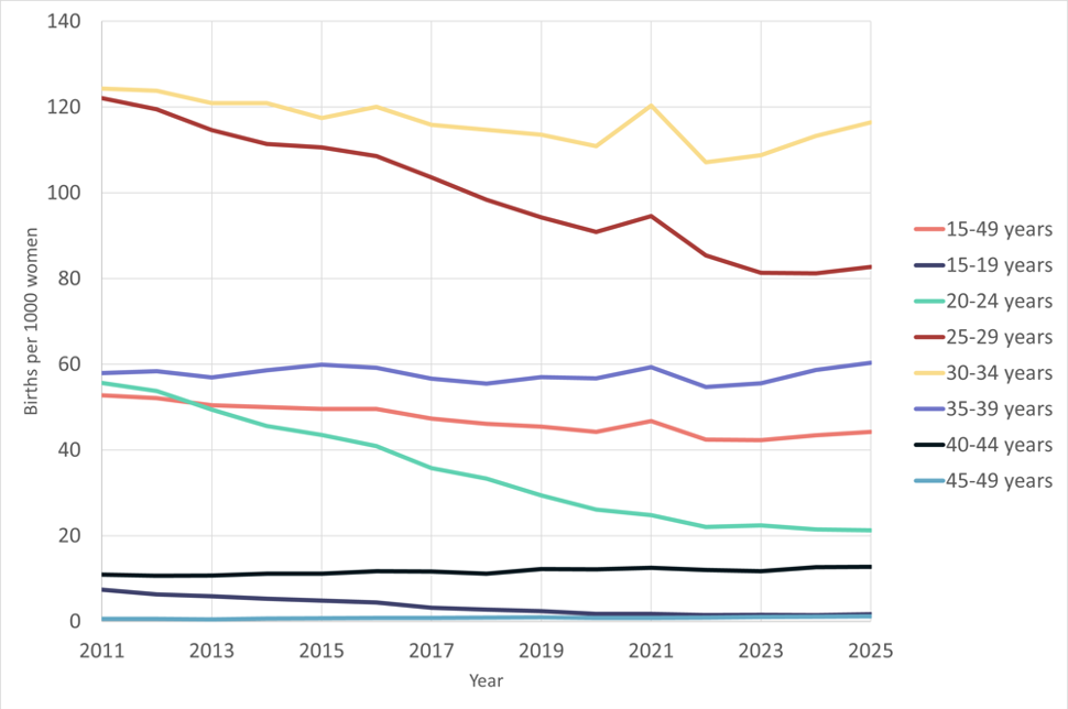 Births per 1,000 women aged 15–49 in the period 2011–2025