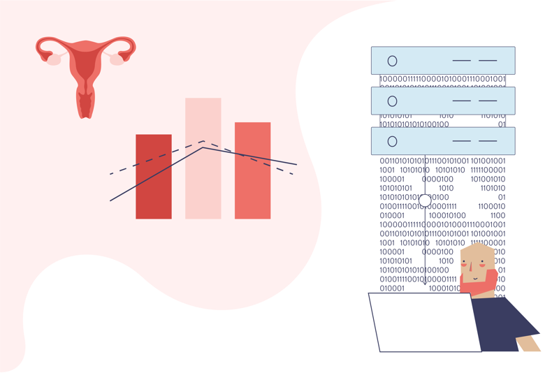 Illustrasjon for abortregisteret med bilde av livmor, søyler og graflinje samt en person som registrerer på pc.