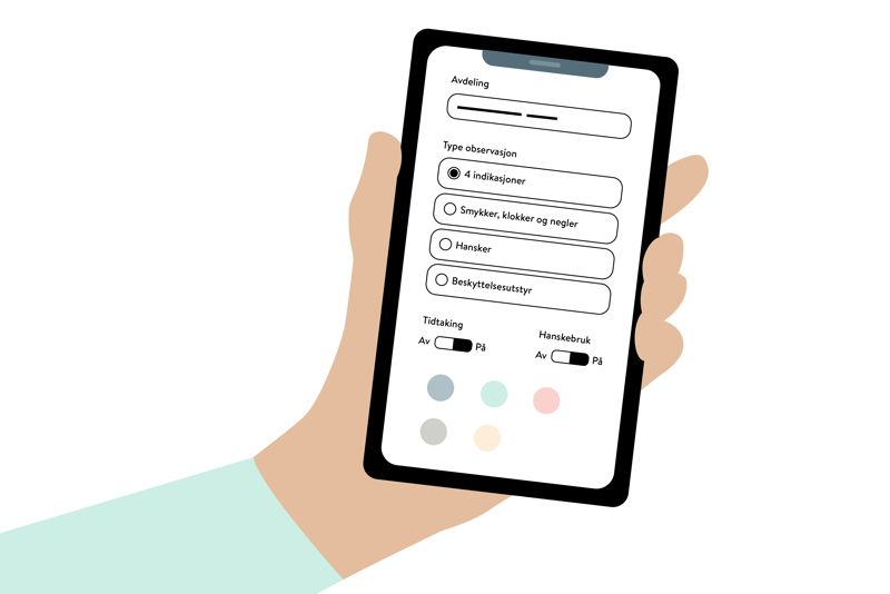 Illustrasjon av en hånda til en person som holder en mobil med NOST på skjermen
