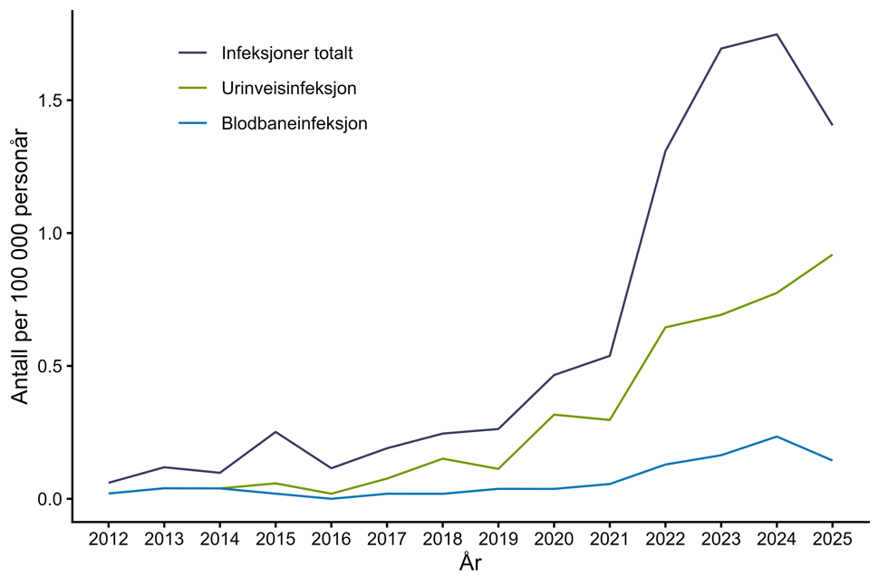 Figur 10. Antall personer per 100.000 personår med infeksjon med CPE meldt til MSIS i perioden 2012-2025 fordelt på infeksjoner totalt og blodbaneinfeksjoner. Kilde: MSIS, FHI.