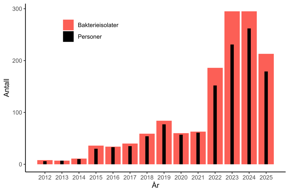 Figur 7. Antall personer og bakterieisolater med CPE meldt til MSIS i perioden 2012-09.09.2025. Kilde: MSIS, FHI.