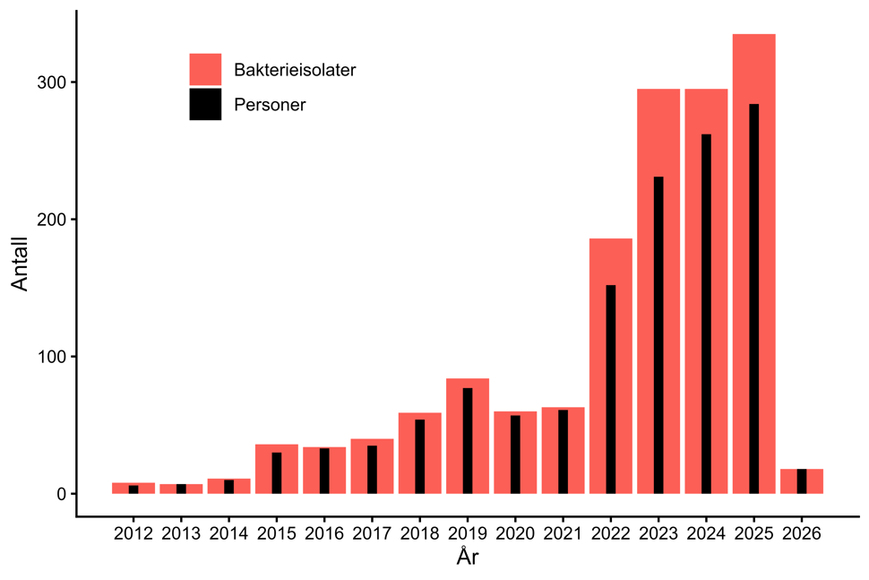 Figur 7. Antall personer og bakterieisolater med CPE meldt til MSIS i perioden 2012-01.02.2026. Kilde: MSIS, FHI.