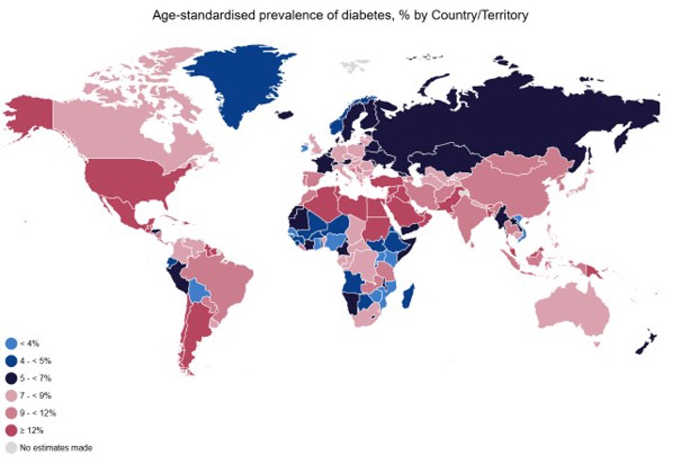 Anslag over diabetes i befolkningen i ulike land, kart med indikatorer