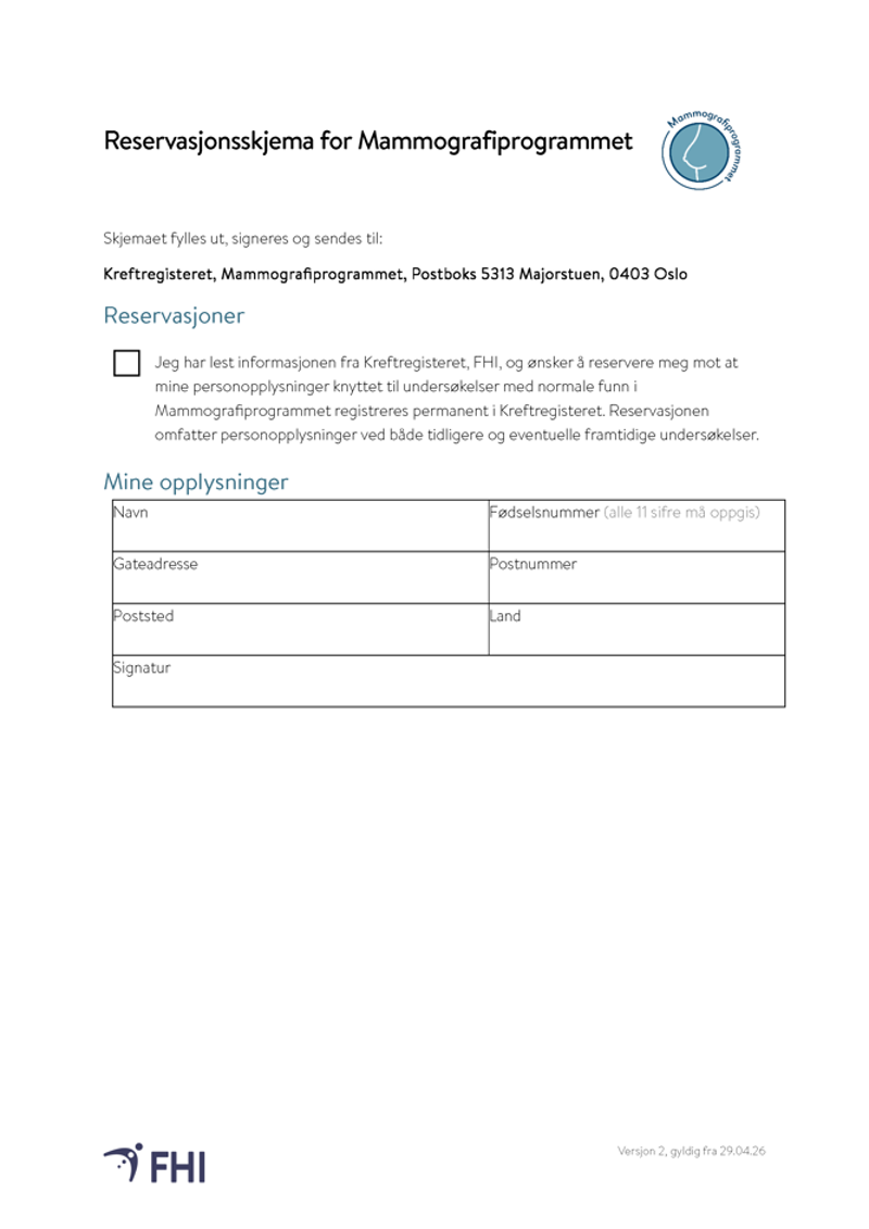 Skjermdump av reservasjonsskjemaet for Mammografiprogrammet