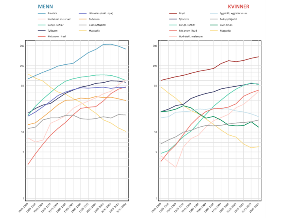 Figur 1. Tidstrend i aldersstandardisert insidensrater for utvalgte kreftformer.