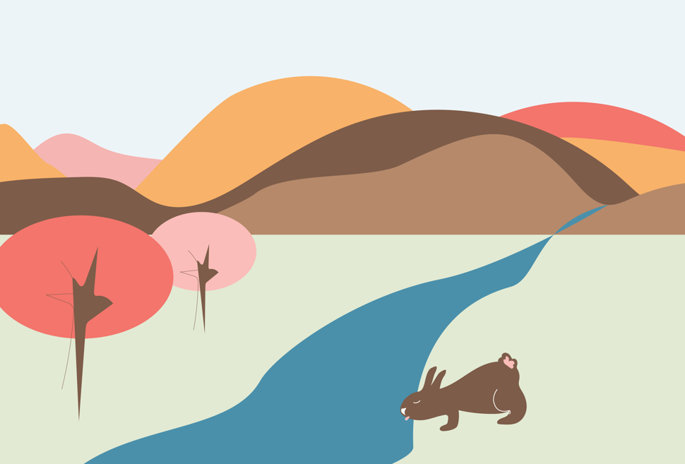Illustrasjon av hare som drikker vann ute i naturen
