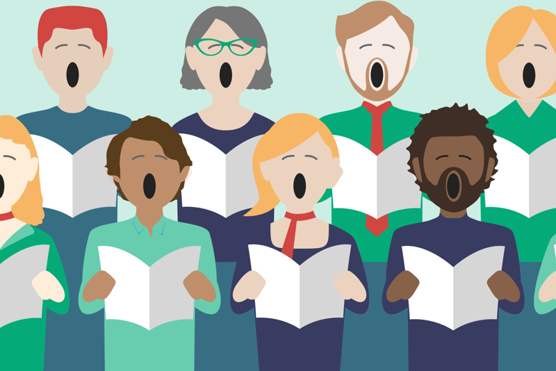 illustrasjon av mange ulike mennesker som står sammen og synger i et kor