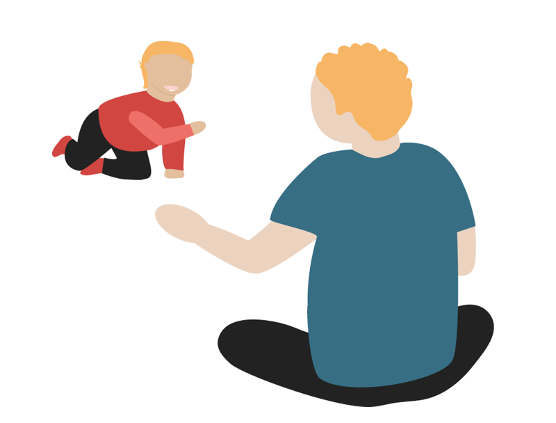 Illustrasjon av en baby som krabber mot en forelder.