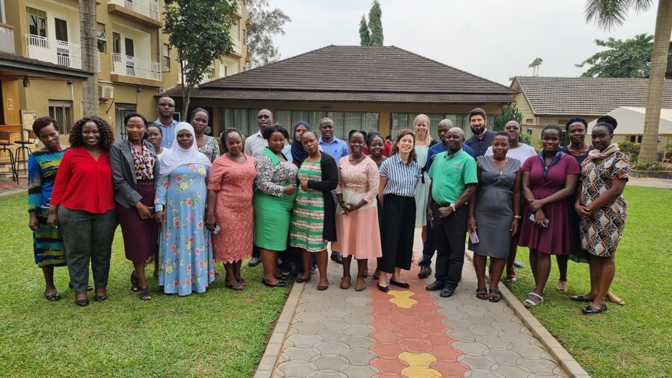 Makerere University and HISP Uganda led a training workshop of healthcare workers on data. Picture of the group. entry using Android Tablets