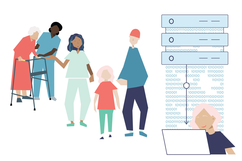 illustrasjon som viser at en person registrerer data på en maskin, fra mange ulike typer pasienter