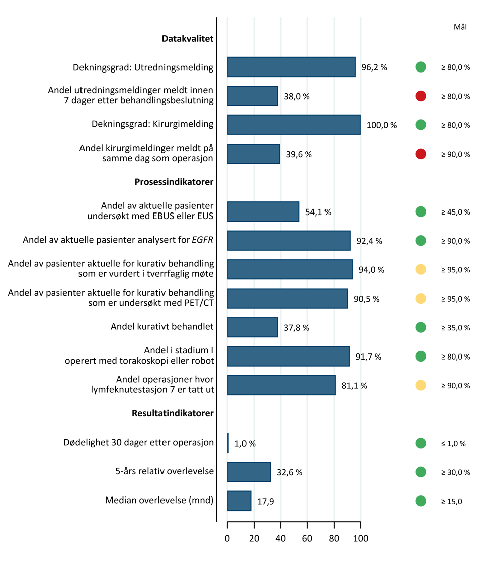 Kvalitetsindikatorer for lungekreftbehandling i Norge i 2025