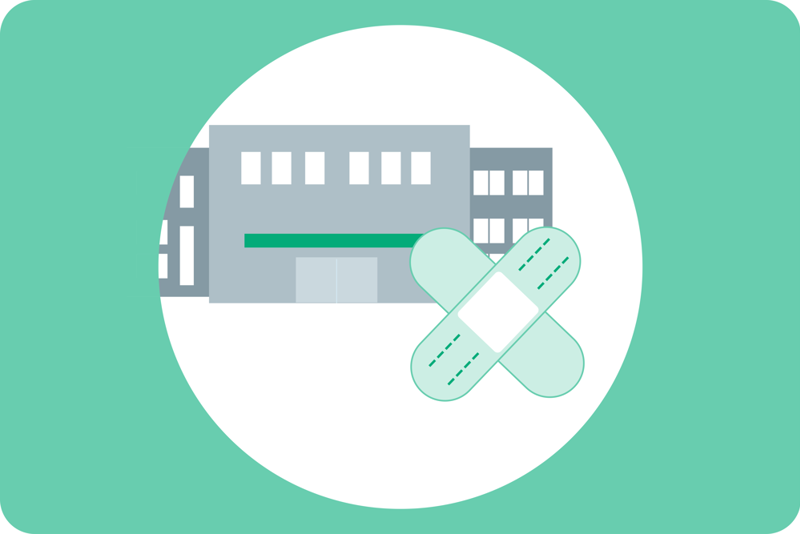 illustrasjon av to plaster oppå hverandre med et sykehus bak