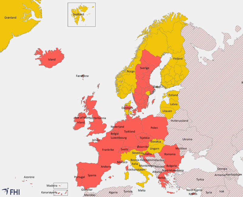 Områder som er omfattet av karantene ved innreise til Norge fra 29. august 2020. Regjeringens råd er å unngå alle ikke-nødvendige reiser til utlandet. Rød farge = høy smittespredning og du må i karantene ved innreise til Norge. Gul farge= økt risiko, du må ikke i karantene ved innreise til Norge, Rød farge skravert = ikke evaluert eller ikke tilstrekkelig data om smittespredning, du må i karantene ved innreise til Norge Illustrasjon: Folkehelseinstituttet
