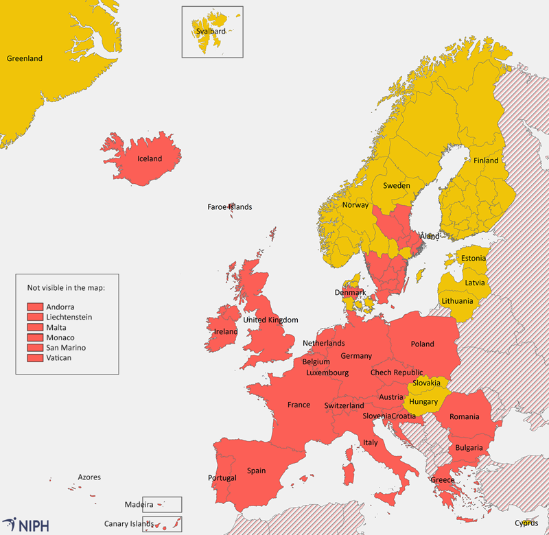illustration map showing the areas affected by quarantine upon arrival in Norway