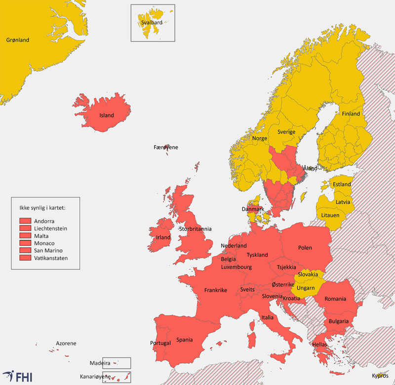 illustrasjonskart over områder som er omfattet av karantene ved innreise til Norge