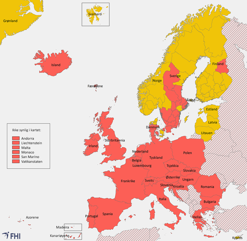 illustrasjonskart over områder som er omfattet av karantene ved innreise til Norge