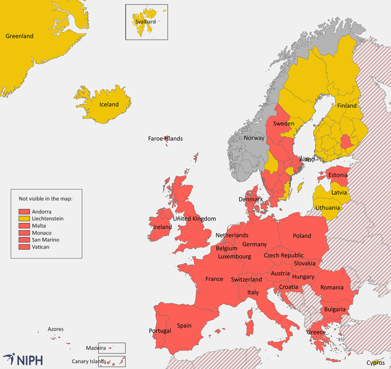 illustration map showing the areas affected by quarantine upon arrival in Norway