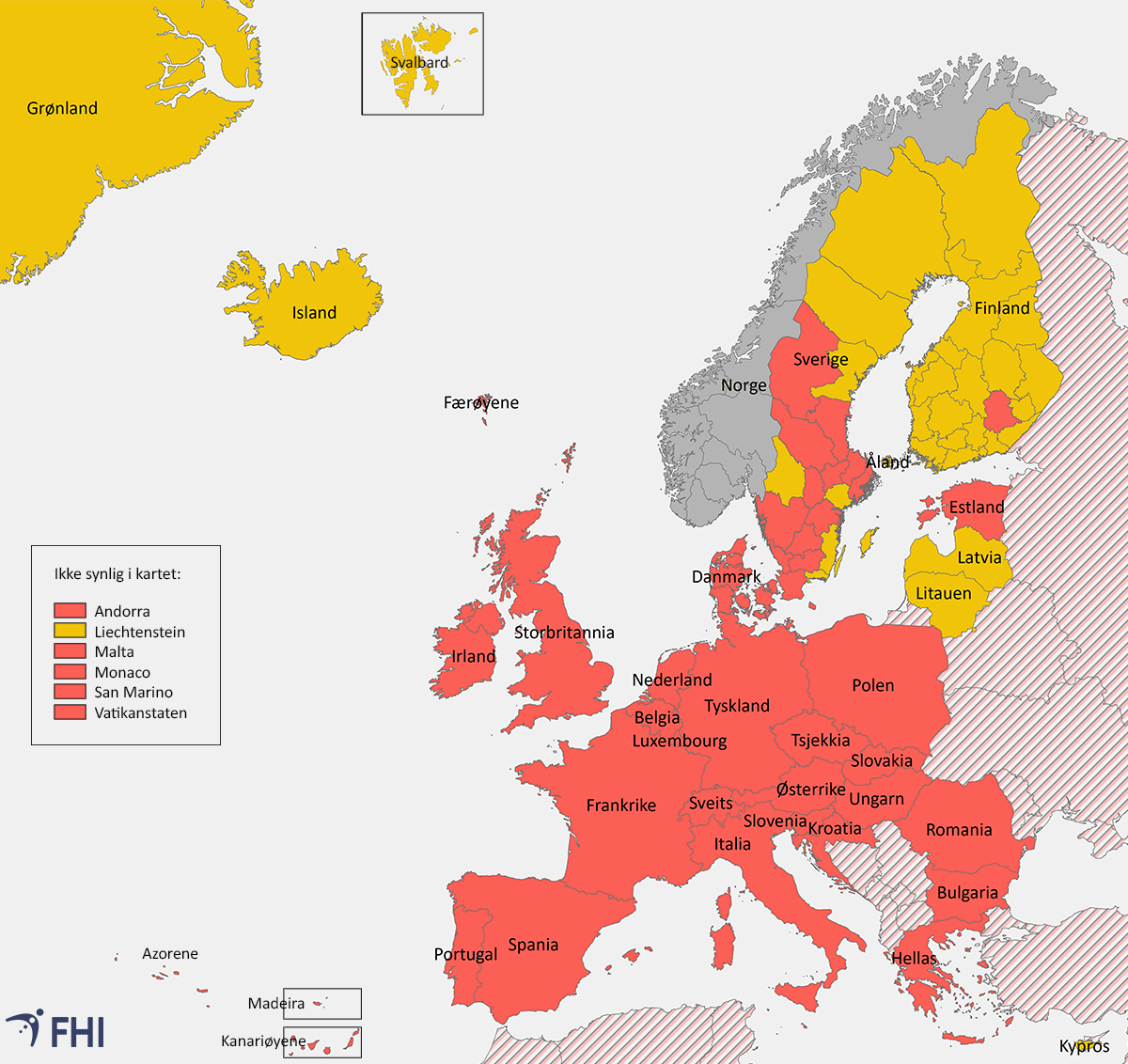 kart over områder som er omfattet av karantene ved innreise til Norge
