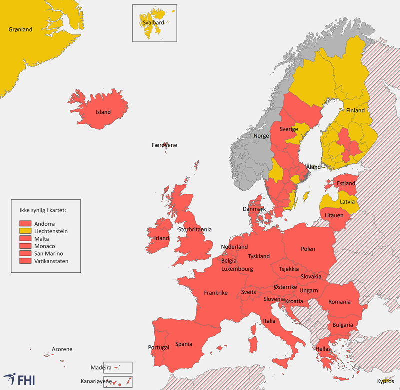 illustrasjonskart over områder som er omfattet av karantene ved innreise til Norge