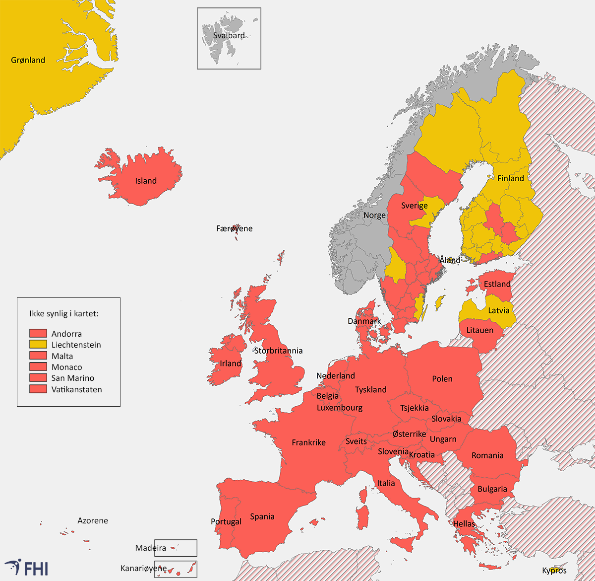 illustrasjonskart over områder som er omfattet av karantene ved innreise til Norge