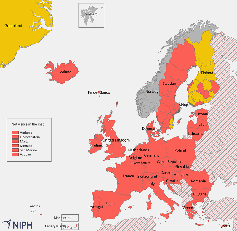 illustration map showing the areas affected by quarantine upon arrival in Norway
