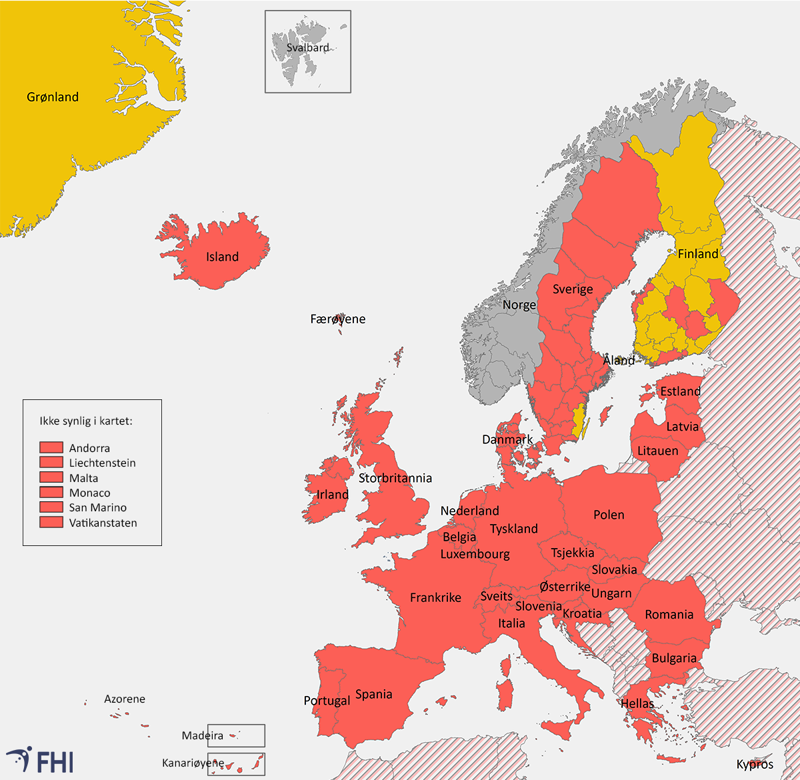 illustrasjonskart over områder som er omfattet av karantene ved innreise til Norge