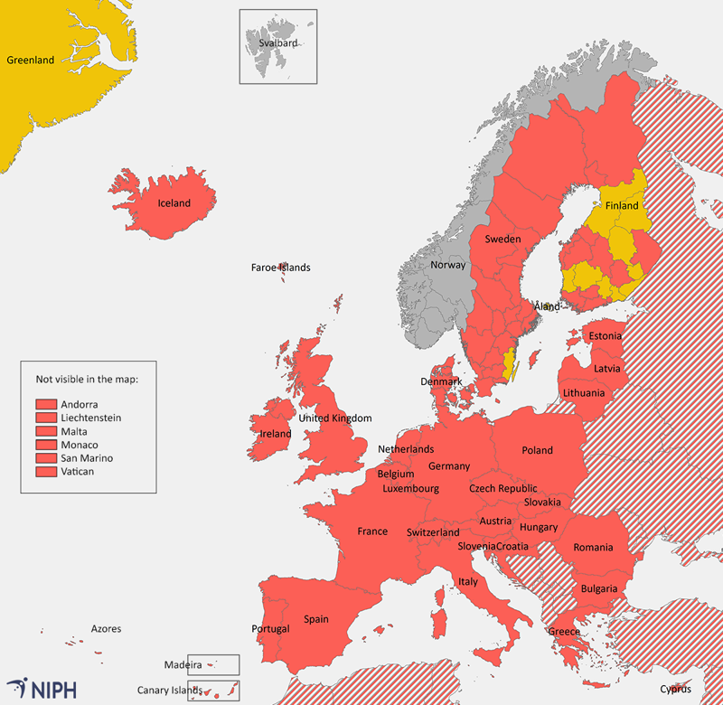 Illustration map showing the areas affected by quarantine upon arrival in Norway