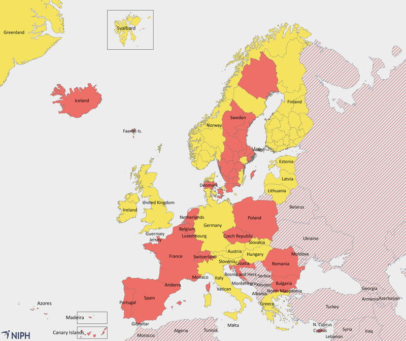 The map shows the areas affected by quarantine upon arrival in Norway from the 15th August 2020  Illustration: Norwegian Institute of Public Health