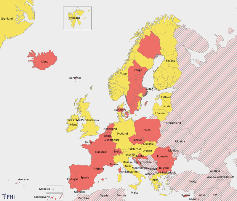 illustrasjon over områder som er omfattet av karantene ved innreise fra Norge fra 15.august 2020