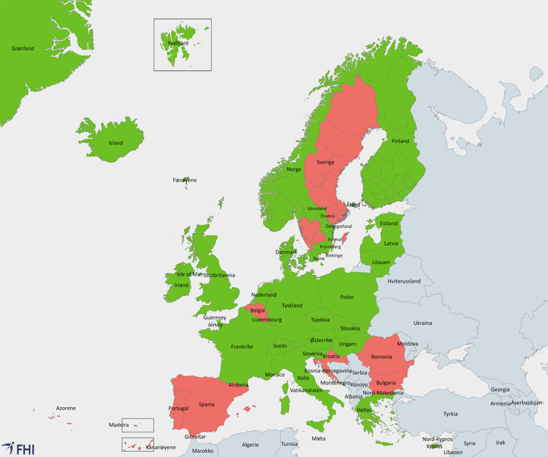kart som viser regler for innreisekarantene per 1. august 2020