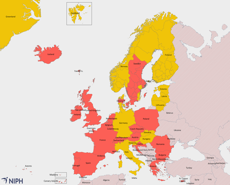 illustration map showing the areas affected by quarantine upon arrival in Norway